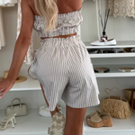 Zoie Striped Stretch Bandeau + Elastic Waist Pocket Shorts + Oversized Blouse 3 Pieces Set