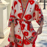 Pop of Red Ethnic Print Belted Kimono and Elastic Waist Pocket Cropped Pants Set