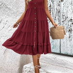 Loose Sleeveless Buttoned Solid Color Tiered Round-neck Midi Dresses