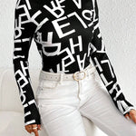 Long Sleeves Skinny Letter Print Split-Joint Mock Neck T-Shirts Tops