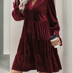 A-Line Long Sleeves Pleated Solid Color Velvet V-Neck Mini Dresses