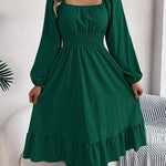 A-Line Elasticated Waist Pleated Ruffled Solid Color Square-Neck Midi Dresses
