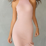 Quiet Luxury Blush Ribbed Knit Halter Midi Dress With Asymmetric Ruffled Hem