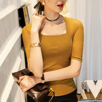 Simple Solid Color Square-Neck Half Sleeves Shirt