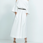 Long Sleeves Loose No Belt Solid Color Off-The-Shoulder Midi Dresses