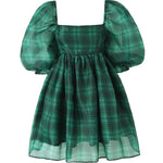 A-Line High Waisted Plaid Pleated Square-Neck Mini Dresses