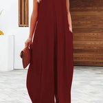 Solid Color Side Pocket Casual Wide-leg Suspender Jumpsuit