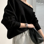 Casual Loose Long Sleeves Solid Color Off-The-Shoulder Sweater Tops
