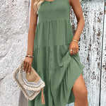 Loose Sleeveless Buttoned Solid Color Tiered Round-neck Midi Dresses