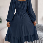 A-Line Elasticated Waist Pleated Ruffled Solid Color Square-Neck Midi Dresses