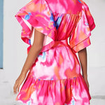 Loose Ruffle Sleeves Buttoned Leaves Print Split-Joint Tied Waist Tie-Dyed Lapel Mini Dresses