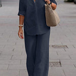 Two Piece Set Lapel Long-Sleeved Shirt Casual Solid Color Wide-Leg Pants Suit
