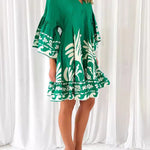 A-Line Flared Sleeves Flower Print Pleated Split-Joint V-Neck Mini Dresses