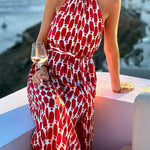 High Waisted Sleeveless Contrast Color Printed Split-Joint Split-Side Tied Waist Halter-Neck Maxi Dresses