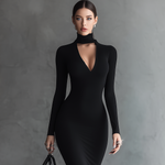 Women's Elegant Black Stretchy Knit Turtleneck Long-sleeved Bodycon Maxi Dress