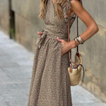 V-neck Ruffled Short-sleeved Waist Floral Long Dress
