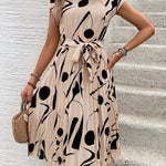 High Waisted Sleeveless Abstract Printed Contrast Color Pleated Polka-Dot Split-Joint Tied Waist Round-Neck Midi Dresses