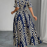Elasticated Waist High Waisted Contrast Color Geometric Printed Split-Joint V-Neck Maxi Dresses