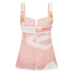 European Summer Linen Blend Ric Rac Trims Unique Print Button Tank