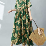 Half Sleeves Loose Flower Print Pleated Pockets Round-neck Midi Dresses