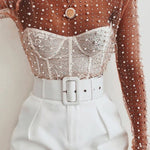 Pearl-Embellished Mesh Long-Sleeved Top