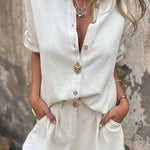 Linen Blend Solid Color Button Lapel Short Sleeve Shirt and Casual Pocket Shorts Set