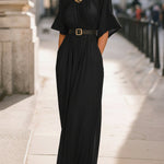 Draped Neckline Batwing Sleeve Belted Maxi Dress