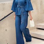 Half Sleeves Puff Sleeves Buttoned Gradient Tied Waist Stand Collar Blouses&Shirts Tops