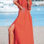 Surplice Neck Split Hem Ruched Maxi Dress