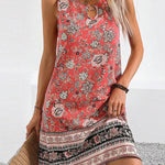 A-Line Loose Flower Print Hollow U-Neck Mini Dresses