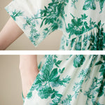 Loose Short Sleeves Floral Printed Pleated Split-Joint Round-Neck Midi Dresses