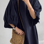 Causal Plus Size Pleated Raglan Sleeve V-Neck Midi Dress