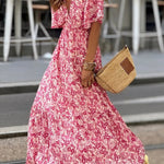 Red floral V-neck leisure holiday dress