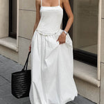 Loose Sleeveless Pleated Solid Color Split-Joint Spaghetti-Neck Midi Dresses