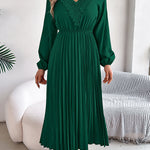 Elasticated Waist High Waisted Pleated Solid Color V-Neck Midi Dresses