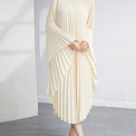 Urban Flared Batwing Sleeves Pleated Solid Color Round-Neck Midi Dresses