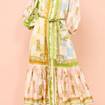 Garden Party Satin Unique Print Balloon Sleeve Belted Shirt Maxi Dress