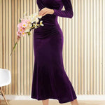 Solid Velvet Long Sleeve V Neck Slim Fit Fishtail Maxi Dress