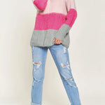 Striped Colorblock V Neck Knitted Fuzzy Sweater