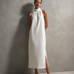 Women's Elegant White Woven Round-neck Sleeveless Maxi Dress