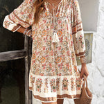 A-Line Loose Contrast Color Drawstring Flower Print Pleated Split-Joint V-Neck Mini Dresses