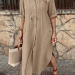 Casual solid color lapel long sleeve shirt dress