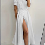 Puff Sleeves Short Sleeves Buttoned Solid Color Round-Neck Midi Dresses Shirt Dress