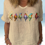 JFN Cotton & Linen Watercolor Hummingbirds Print Lounge Top