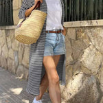 Black and White Striped Print Open Front Long Cardigan