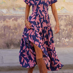 Botanical print puff sleeve A-line dress