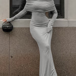 Long Sleeves Skinny Pleated Solid Color Split-Joint Off-The-Shoulder Evening Dresses Maxi Dresses