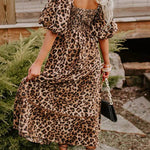 Brown Leopard Print Puff Sleeve Ricrac Maxi Dress