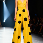 Elasticated Waist High Waisted Contrast Color Pockets Polka-Dot Split-Joint Pants