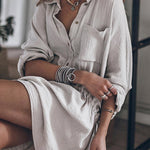 Gray Rolled-Up Sleeve Buttoned Drawstring Textured Dress